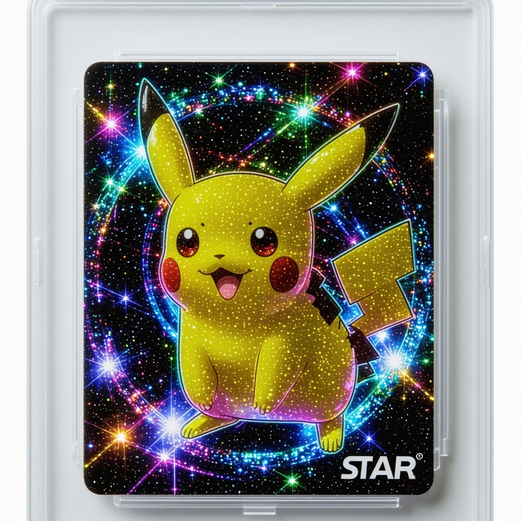 Close-up macro image showing holographic foil and micro-print details on a CGC 10 graded Japanese VSTAR Universe Pokémon card under UV light for authentication