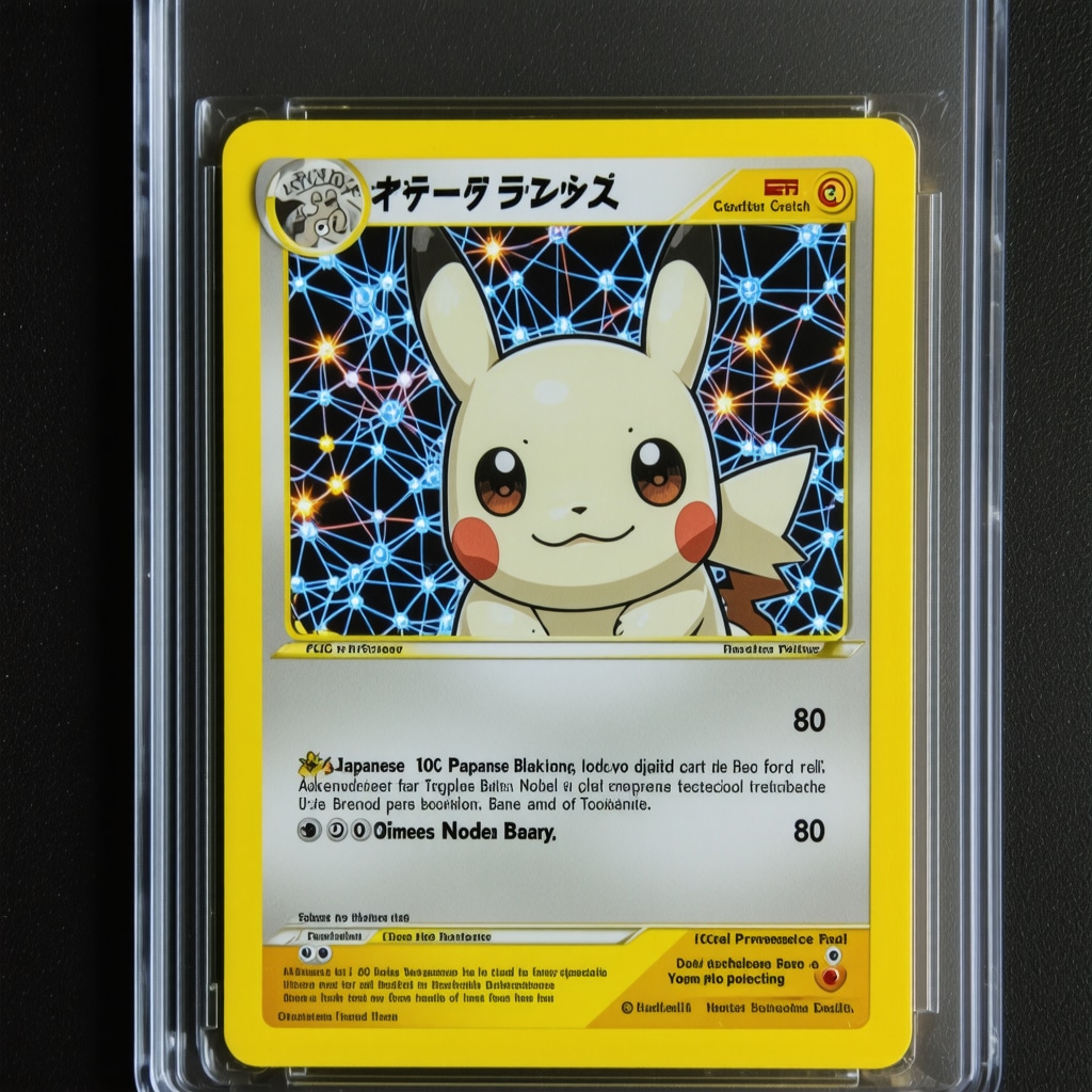 Close-up microscopic view of CGC 10 Japanese Base Set Pokémon card with blockchain provenance digital overlay