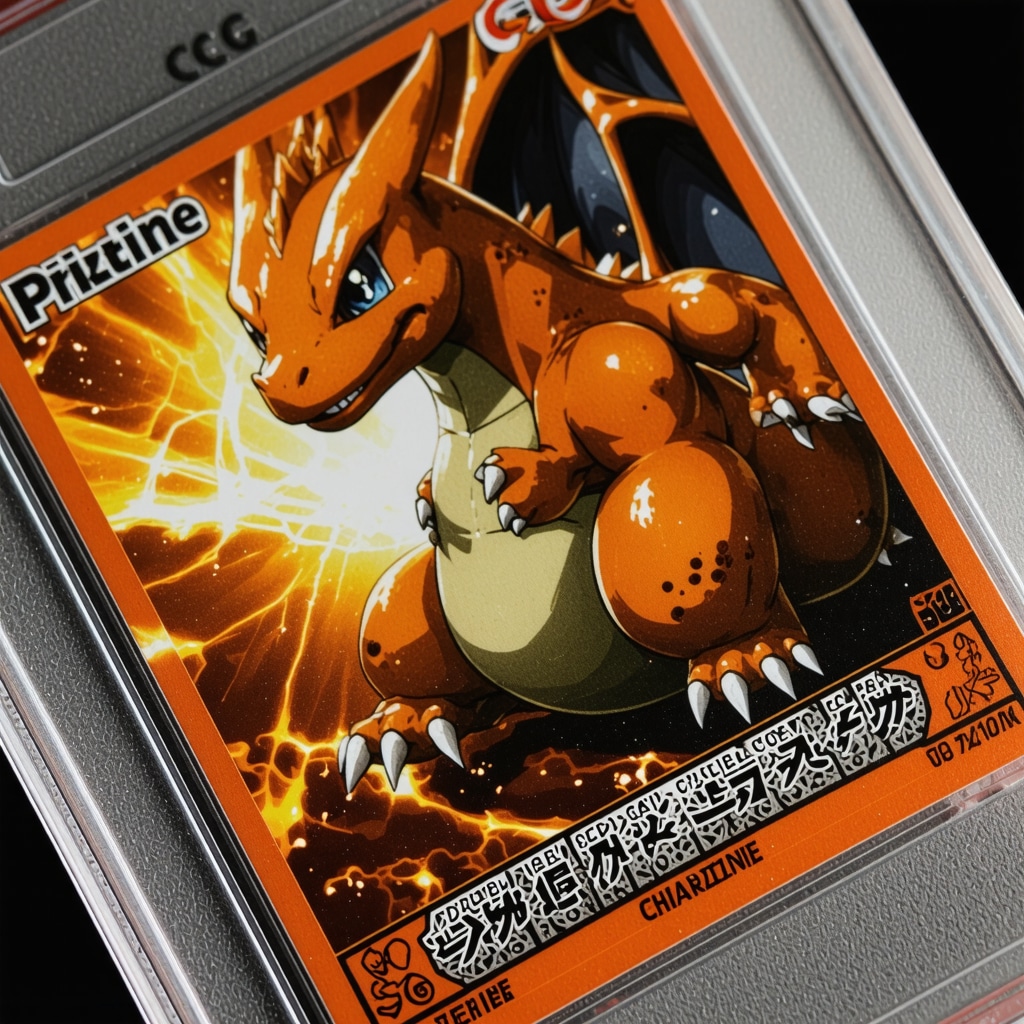 High-magnification image showing micro-dot print patterns and holographic features of a CGC Pristine 10 Japanese Charizard card