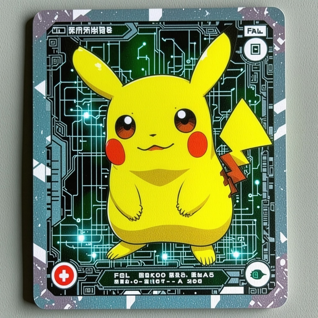 Microscopic view of foil texture and microprint on a Japanese full art Trainer Pokémon card with blockchain symbols overlaid