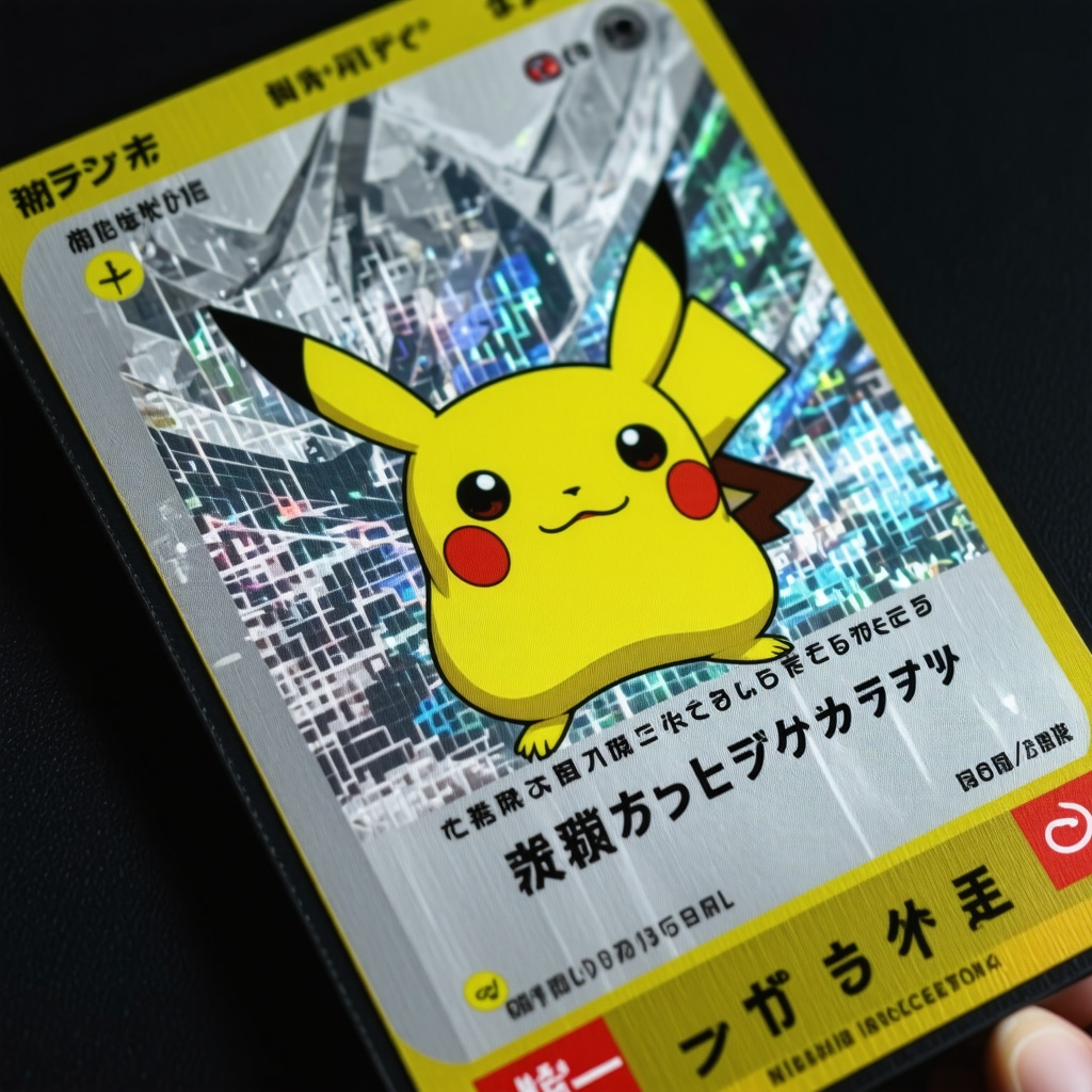 Detailed microscopic view of Japanese Pokémon card print quality with blockchain authentication overlay