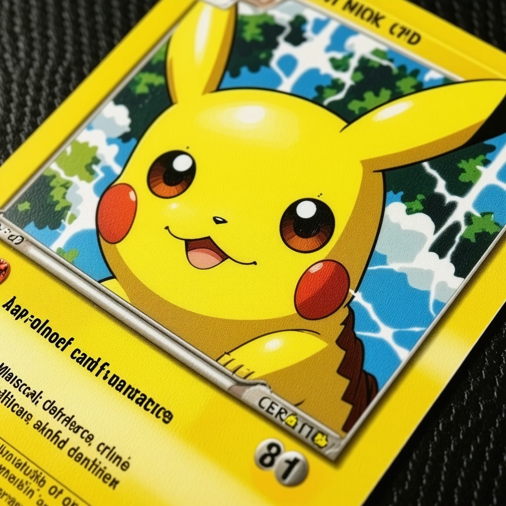 Close-up microscopic image of Japanese Pokémon card surface showing print and gloss details under grading tools