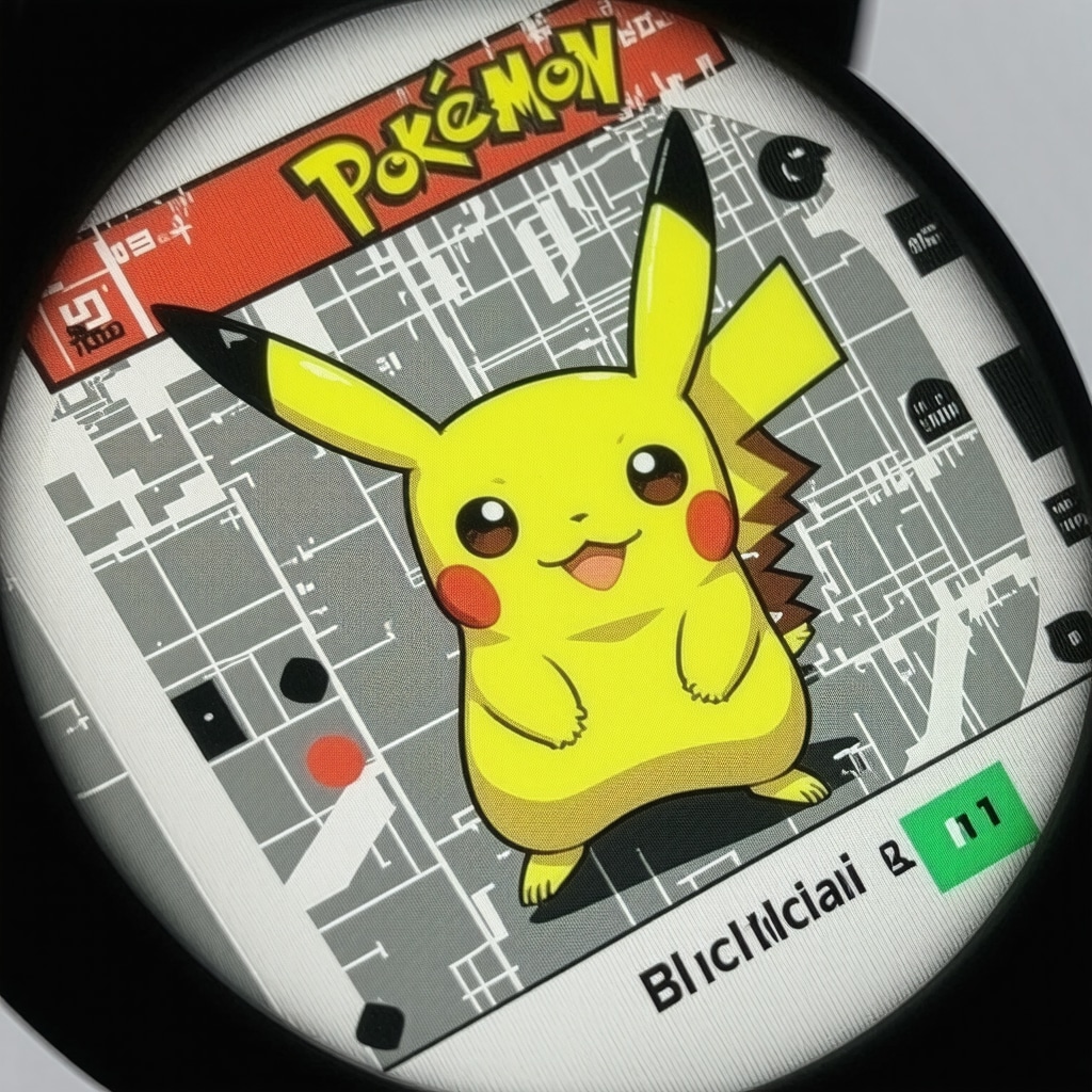 Detailed microscopic view of Japanese Pokémon card with AI data overlays and blockchain icons representing provenance and security