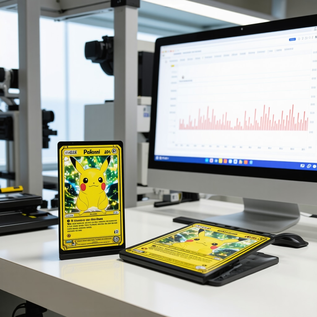 Pokémon card being analyzed with multispectral imaging and AI market trend graphs on screen