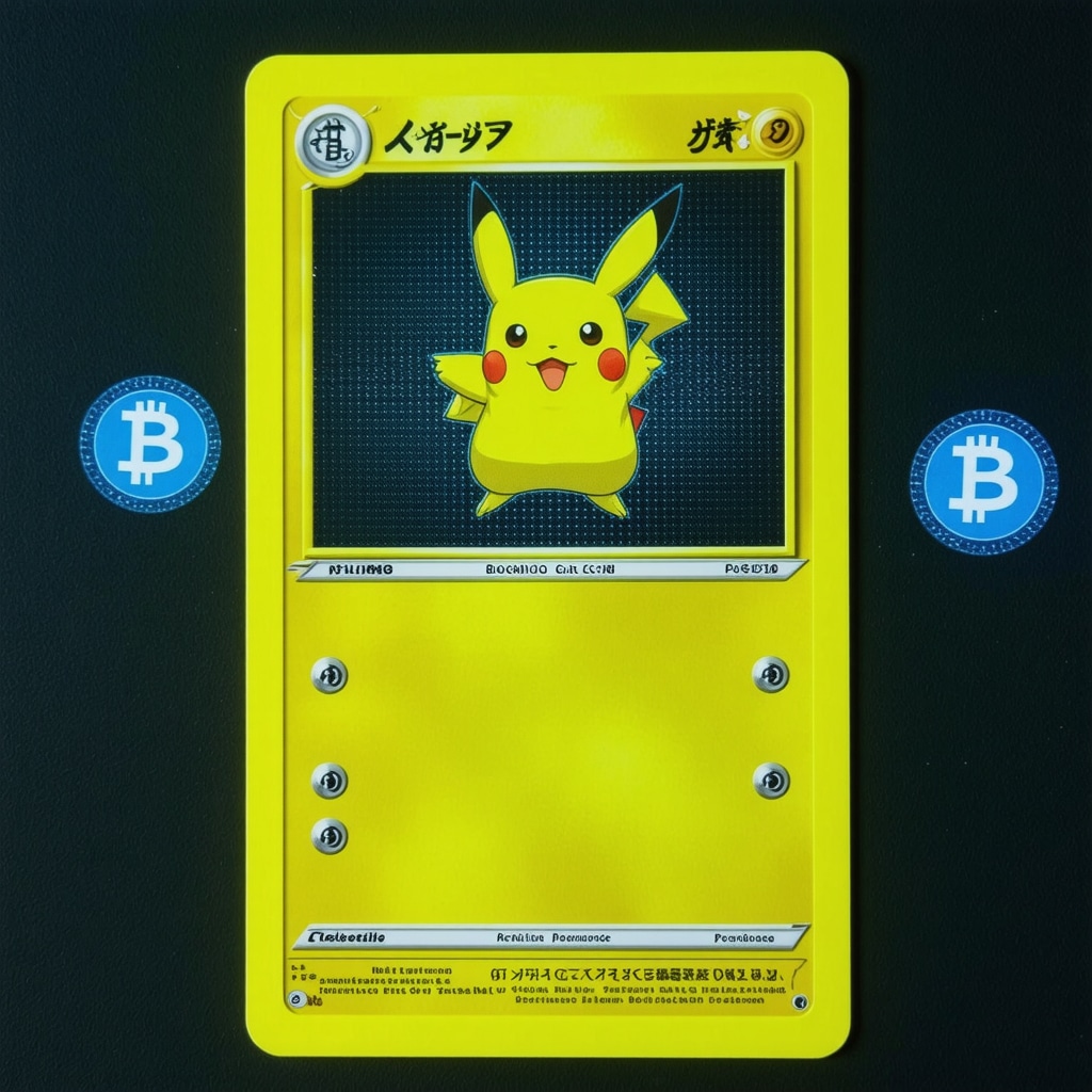 CGC 10 Japanese Pokémon card under multispectral imaging with blockchain digital ledger overlay