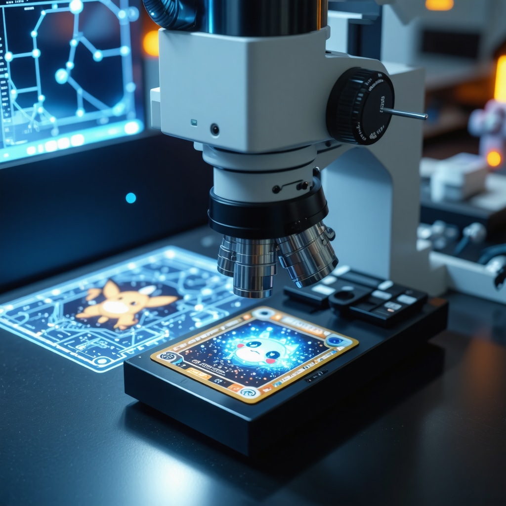High-tech microscope analyzing Pokémon card with blockchain and AI data overlays