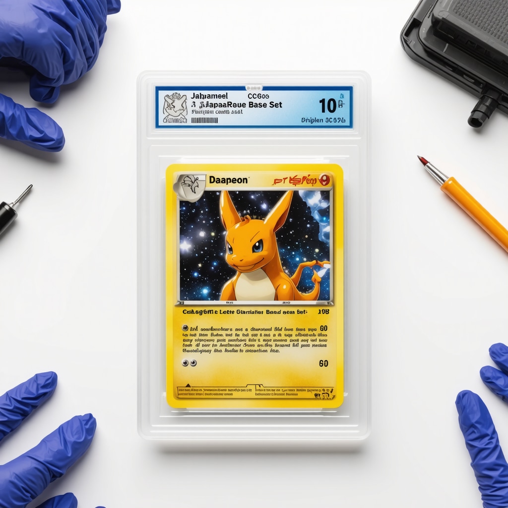 Close-up of a CGC 10 Japanese Base Set Charizard card in slab with preservation tools and UV lighting