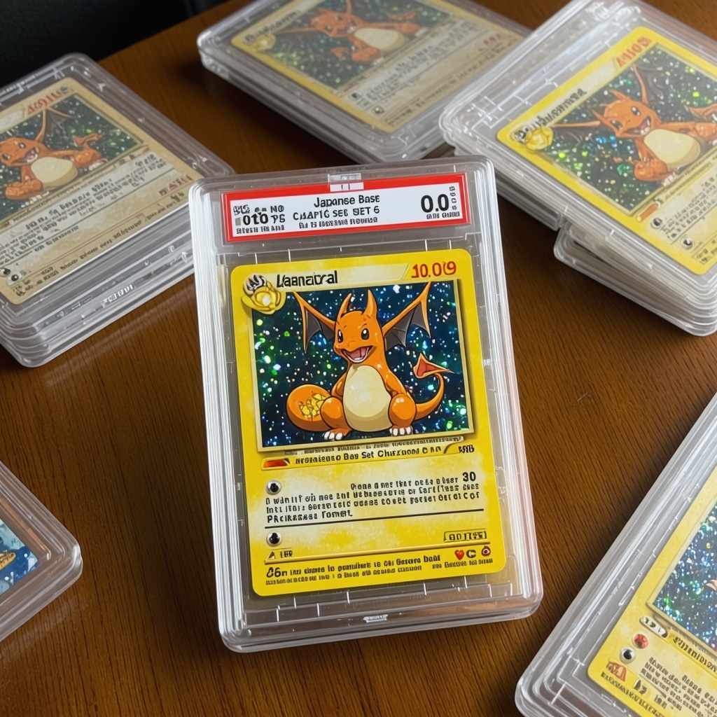 Close-up of CGC 10 Japanese Base Set Charizard card showcasing holographic shine and mint condition alongside other rare Japanese Pokémon cards in protective cases