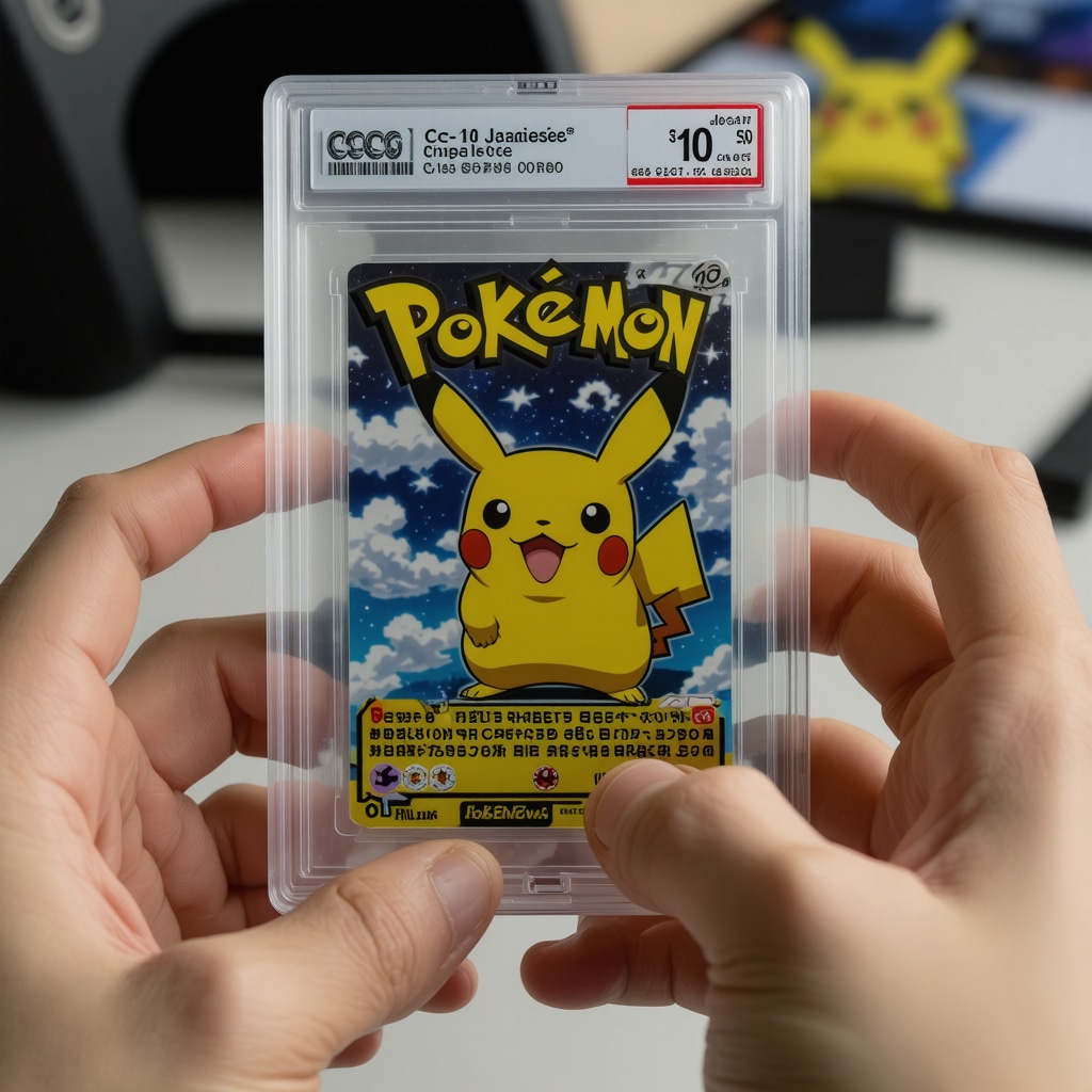 Close-up of a CGC 10 graded Japanese Pokemon promo card showing flawless holo and edges inside a protective slab