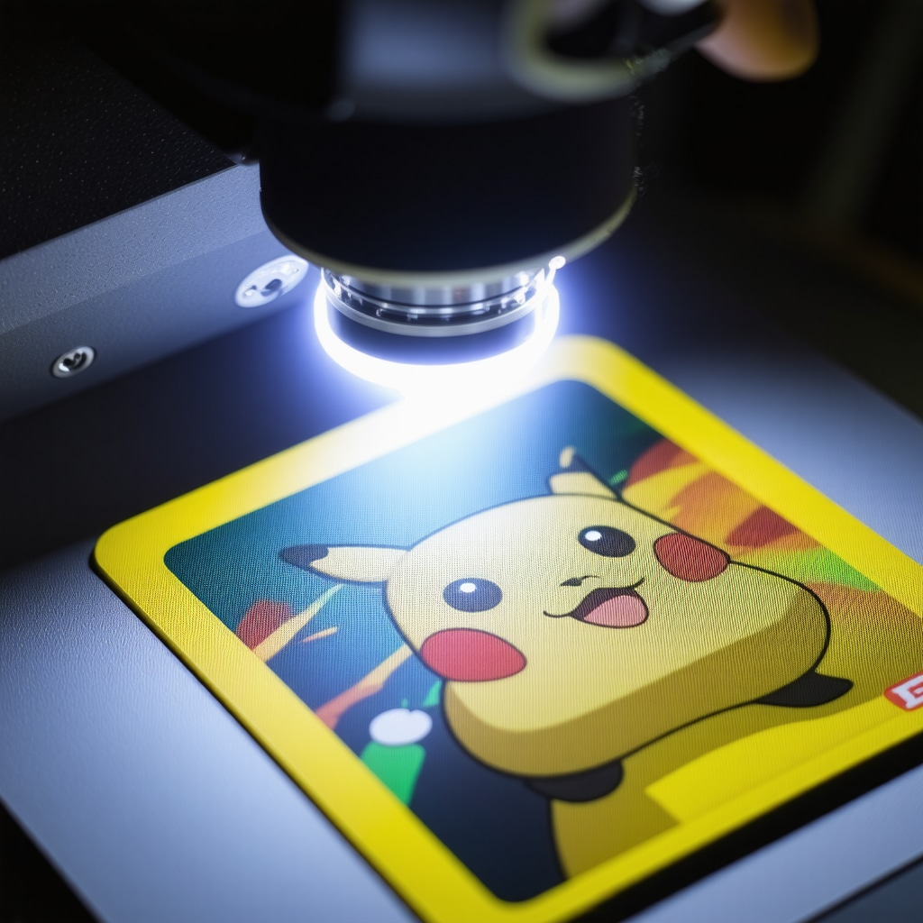 A Japanese Pokemon promo card glowing under a quantum-dot detection device showing multicolor luminescence for authentication