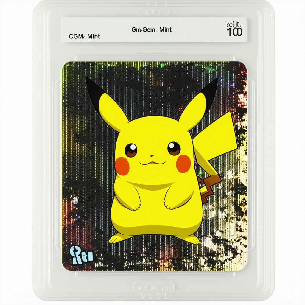 Close-up spectral imaging of CGC Gem Mint 10 Japanese Pikachu card revealing holographic patterns and ink composition